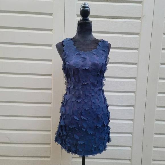 H&M Navy Blue Fit Flare Mini Dress Floral Appliqué Embellishments Stretch XS - Picture 1 of 9